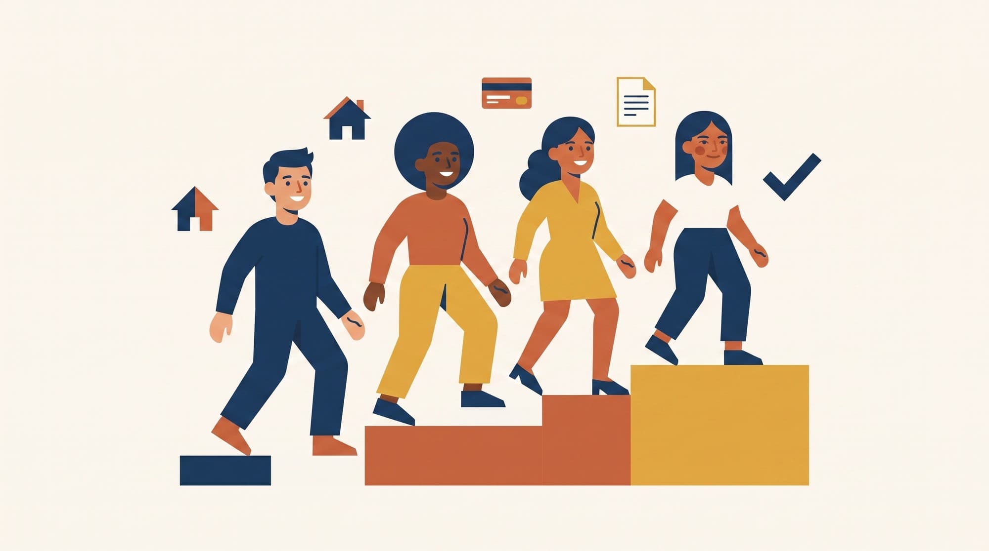 Personas de distintos orígenes latinoamericanos subiendo escalones juntas